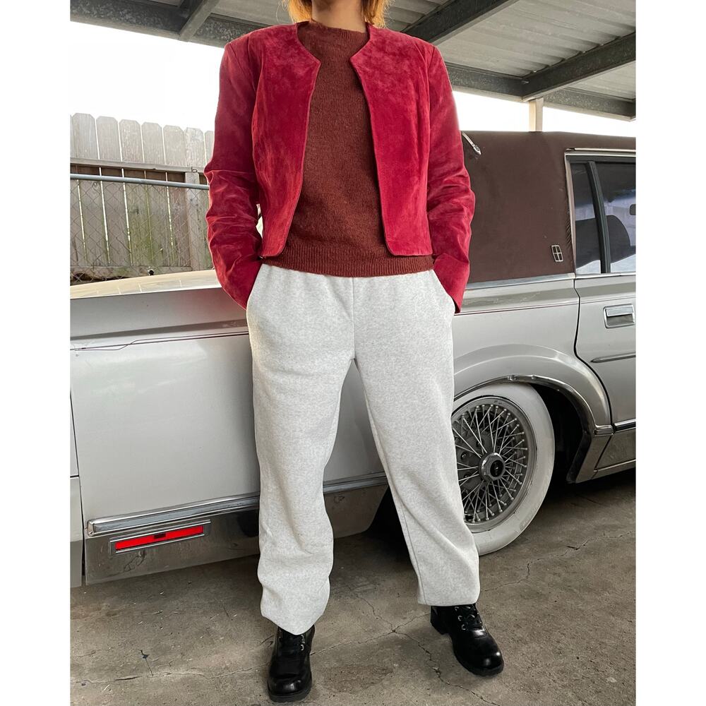 🔥VTG Y2K Suede Leather Cropped Cardigan Jacket Open Front Red Cherry Retro Boho